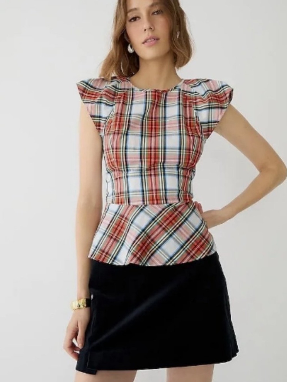 J. Crew Top Red and White Plaid Peplum Cap-Sleeve Blouse Size 2